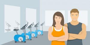 Personal fitness trainers in gym. Smiling young woman and man sport instructors in fitness room with exercise bikes. Promotional vector illustration of sport club, fitness center, individual training.